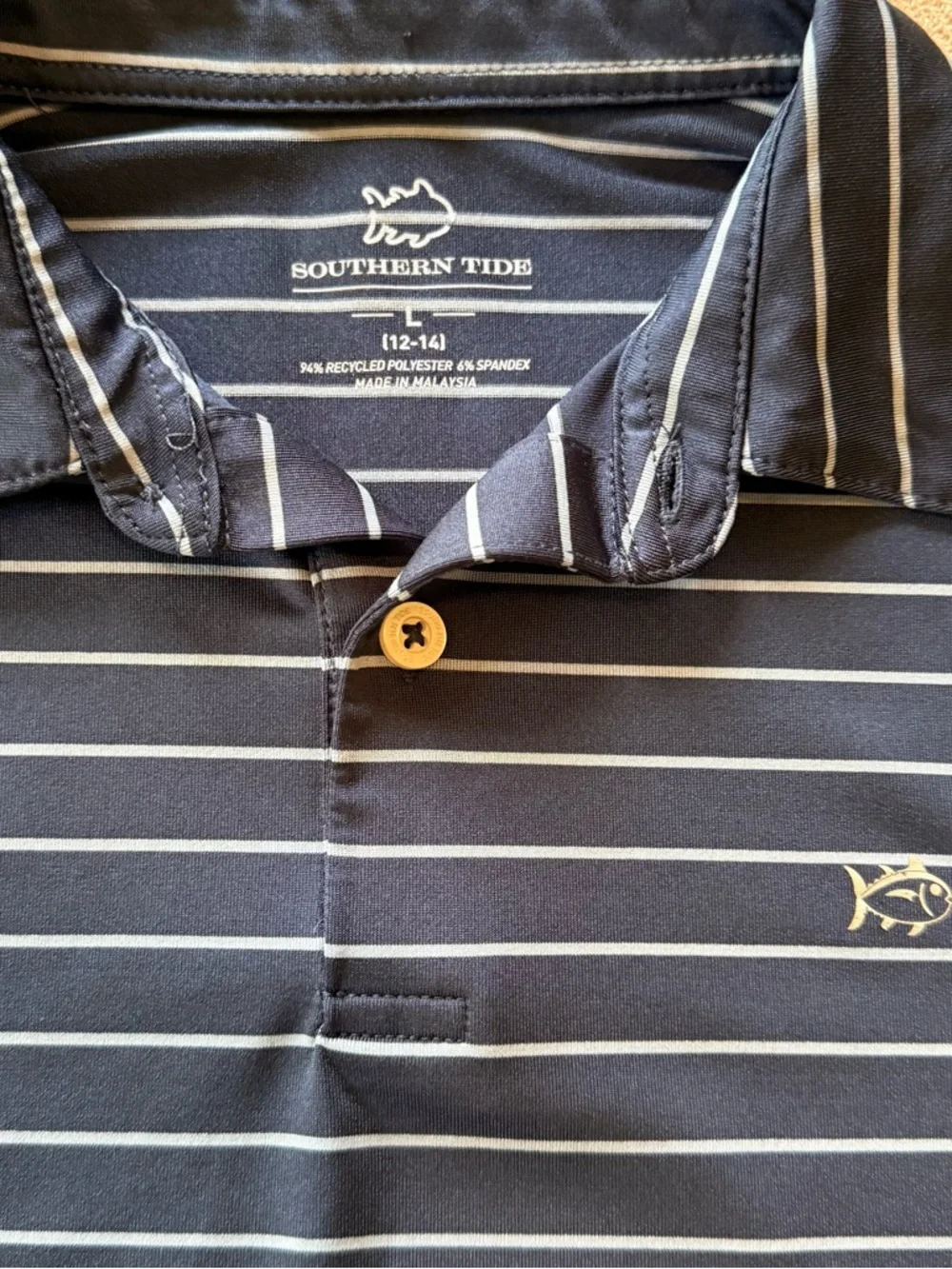 Southern Tide Boys Striped Polo Shirt Size L (12-14) Navy Blue Performance Shirt